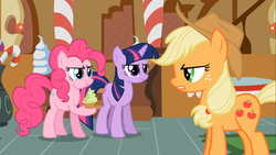 Size: 1366x768 | Tagged: safe, screencap, applejack, pinkie pie, twilight sparkle, g4, the mysterious mare do well, cupcake