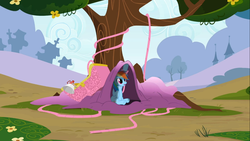 Size: 1366x768 | Tagged: safe, screencap, rainbow dash, pony, g4, the mysterious mare do well, :o, female, hot air balloon, sitting, solo, tree, twinkling balloon, under the tree