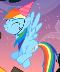 Size: 409x493 | Tagged: safe, screencap, rainbow dash, pegasus, pony, g4, pinkie pride, cute, dashabetes, eyes closed, female, flying, happy, hat, hnnng, mare, party hat, smiling, solo