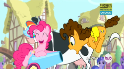 Size: 1600x900 | Tagged: safe, screencap, amethyst star, carrot top, cheese sandwich, cherry berry, daisy, doctor whooves, flower wishes, golden harvest, pinkie pie, sea swirl, seafoam, sparkler, time turner, g4, pinkie pride, party cannon