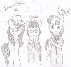 Size: 1183x1110 | Tagged: safe, artist:solratic, oc, oc only, oc:blackgryph0n, earth pony, pegasus, pony, unicorn, blackgryph0n, clothes, monochrome, ponysona, rina, rina-chan, signatures, sketch, solratic, suit