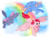 Size: 2560x1879 | Tagged: safe, artist:anscathmarcach, heart throb, so soft twilight, twilight, wind whistler, pegasus, pony, g1, eyes closed, female, flying, mare, rainbow, spread wings, trio, wings