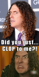 Size: 600x1184 | Tagged: safe, cheese sandwich, human, g4, barely pony related, clop, irl, irl human, male, photo, text, weird al yankovic