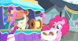 Size: 1152x609 | Tagged: safe, screencap, pinkie pie, robin ribbon, earth pony, pony, g4, pinkie pride, background character, background pony, bag, bag of holding, cartoon physics, female, hammerspace, male, mare, meme, saddle bag, shopping, stallion, youtube caption