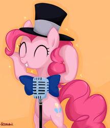 Size: 950x1100 | Tagged: safe, artist:chiweee, pinkie pie, g4, pinkie pride, bowtie, female, hat, microphone, solo, top hat