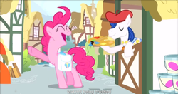 Size: 1151x610 | Tagged: safe, screencap, acrylic paint (g4), pinkie pie, earth pony, pony, g4, pinkie pride, duo, female, male, mare, meme, stallion, youtube caption