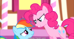 Size: 1152x609 | Tagged: safe, screencap, pinkie pie, rainbow dash, g4, pinkie pride, meme, youtube caption