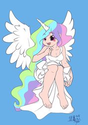 Size: 2480x3507 | Tagged: safe, artist:pokuytred, princess celestia, human, g4, blushing, female, horn, horned humanization, humanized, light skin, pixiv, signed, solo, winged humanization