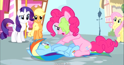 Size: 1153x609 | Tagged: safe, screencap, applejack, fluttershy, pinkie pie, rainbow dash, rarity, earth pony, pegasus, pony, unicorn, g4, pinkie pride, applejack's hat, building, cowboy hat, eyebrows, female, frown, hat, horn, looking at each other, looking at someone, mare, meme, open mouth, ponyville, raised eyebrow, raised hoof, town, youtube caption