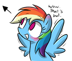 Size: 509x432 | Tagged: safe, artist:heck-yeah-mary, artist:marytheechidna, rainbow dash, pegasus, pony, g4, blushing, eye clipping through hair, eyebrows, eyebrows visible through hair, female, grin, juxtaposition bait, looking up, mare, multicolored hair, open mouth, rainbow hair, reaction image, simple background, smiling, solo, spread wings, talking, text, that's hot, white background, wingboner, wings