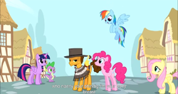 Size: 1152x609 | Tagged: safe, screencap, cheese sandwich, fluttershy, pinkie pie, rainbow dash, spike, twilight sparkle, alicorn, pony, g4, pinkie pride, female, mare, meme, twilight sparkle (alicorn), youtube caption