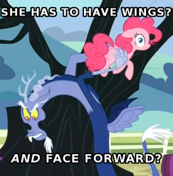 Size: 546x557 | Tagged: safe, discord, pinkie pie, g4, three's a crowd, blue flu, fastball special, image macro, you're doing it wrong