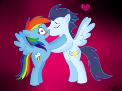Size: 1600x1200 | Tagged: safe, artist:twilightsparkle2000, rainbow dash, soarin', pegasus, pony, g4, abstract background, bipedal, duo, female, kissing, male, mare, old cutie mark, ship:soarindash, shipping, stallion, straight