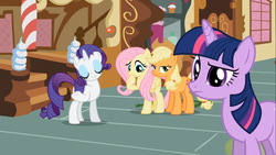 Size: 1366x768 | Tagged: safe, screencap, applejack, fluttershy, rarity, twilight sparkle, g4, my little pony: friendship is magic, the mysterious mare do well