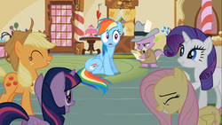 Size: 1366x768 | Tagged: safe, screencap, applejack, fluttershy, rainbow dash, rarity, twilight sparkle, g4, my little pony: friendship is magic, the mysterious mare do well