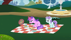 Size: 1366x768 | Tagged: safe, screencap, amethyst star, liza doolots, petunia, sparkler, tootsie flute, pony, unicorn, g4, the mysterious mare do well, amethyst star is not amused, background pony, bread, donut, female, filly, food, fountain, glowing horn, horn, jar, levitation, magic, magic aura, mare, peanut butter, picnic, telekinesis