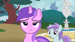 Size: 1366x768 | Tagged: safe, screencap, amethyst star, liza doolots, petunia, sparkler, tootsie flute, pony, unicorn, g4, my little pony: friendship is magic, the mysterious mare do well, amethyst star is not amused, background pony, female, filly, fountain, looking at you, mare, unimpressed amethyst star