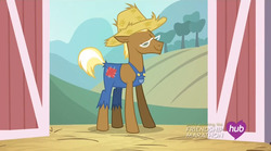 Size: 854x475 | Tagged: safe, screencap, trenderhoof, pony, unicorn, g4, my little pony: friendship is magic, simple ways, farmer, hub logo, male, solo, stallion