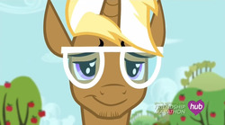 Size: 854x475 | Tagged: safe, screencap, trenderhoof, pony, unicorn, g4, simple ways, glasses, hipster, hub logo, male, solo, stallion, unimpressed