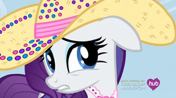 Size: 854x475 | Tagged: safe, screencap, rarity, pony, unicorn, g4, simple ways, cute, female, floppy ears, frown, gritted teeth, hat, hub logo, mare, raribetes, rhinestone rarihick, sad, solo