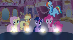 Size: 854x475 | Tagged: safe, screencap, applejack, fluttershy, pinkie pie, rainbow dash, twilight sparkle, alicorn, pony, g4, simple ways, confused, female, mare, stage, twilight sparkle (alicorn)