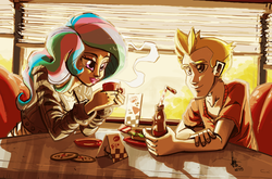 Size: 1000x661 | Tagged: safe, artist:theartrix, princess celestia, oc, human, g4, 1950s, backlighting, biker, biker princess from equestria, clothes, diner, humanized, leather jacket, light skin, lipstick, pink lipstick, soda, table, tea