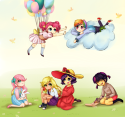 Size: 1624x1524 | Tagged: safe, artist:cosmicponye, angel bunny, applejack, fluttershy, pinkie pie, rainbow dash, rarity, twilight sparkle, human, g4, balloon, clothes, cloud, cloudy, converse, dress, grass, hat, humanized, light skin, mane six, shoes, then watch her balloons lift her up to the sky, younger