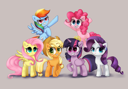 Size: 2000x1400 | Tagged: safe, artist:cosmicponye, applejack, fluttershy, pinkie pie, rainbow dash, rarity, twilight sparkle, alicorn, pony, g4, cute, female, mane six, mare, no nose, smiling, twilight sparkle (alicorn)