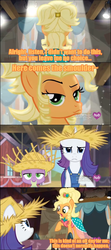 Size: 854x1920 | Tagged: safe, edit, edited screencap, screencap, applejack, rarity, spike, g4, simple ways, caption, clothes, dress, duckface, parody, tangled (disney), the smolder