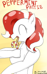 Size: 512x800 | Tagged: safe, artist:9mmbrony, oc, oc only, oc:peppermint pattie, candy cane, eyes closed, licking, solo