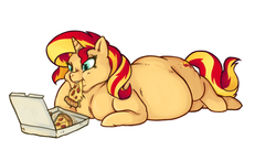 Size: 854x464 | Tagged: artist needed, safe, sunset shimmer, pony, unicorn, g4, chubby cheeks, double chin, eating, fat, female, food, mare, meat, obese, pepperoni, pepperoni pizza, pizza, pizza box, simple background, slobset shimmer, solo, white background