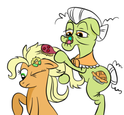 Size: 6000x5589 | Tagged: safe, artist:lulu-fong, applejack, granny smith, earth pony, pony, g4, absurd resolution, applejewel, brush, female, mare, simple background, transparent background