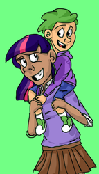 Size: 359x628 | Tagged: safe, artist:mcwhale4, spike, twilight sparkle, human, g4, dark skin, green background, humanized, light skin, open mouth, shoulder ride, simple background