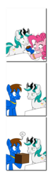 Size: 840x2672 | Tagged: safe, artist:dekomaru, pinkie pie, oc, oc:dazzle, oc:flying ace, earth pony, pegasus, pony, tumblr:ask twixie, g4, baby, baby pony, bed, blanket, box, canon x oc, eyes closed, foal, frown, glare, grin, hoof hold, implied infidelity, messy mane, nervous, offspring, parent:oc:flying ace, parent:pinkie pie, parents:canon x oc, sleeping, smiling, sunglasses, sweat, tumblr, wide eyes