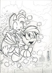 Size: 1024x1427 | Tagged: safe, artist:iyzeekiil, derpy hooves, pegasus, pony, g4, black and white, crossover, female, grayscale, male, mare, miles "tails" prower, monochrome, sonic the hedgehog (series)