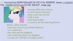 Size: 451x257 | Tagged: source needed, useless source url, safe, screencap, princess celestia, alicorn, pony, g4, the crystal empire, /mlp/, 4chan, 4chan screencap, derail in the comments, feels, greentext, immortality blues, looking at you, sad, solo, text, where are they now