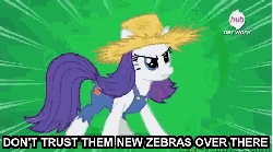 Size: 480x268 | Tagged: safe, edit, edited screencap, screencap, rarity, pony, unicorn, g4, simple ways, animated, caption, derp, faic, farmfilly, female, hat, hub logo, hubble, image macro, mare, op is a duck, out of character, overalls, racism, rarihick, solo, straw hat, tail, tail hole, the boondocks, the hub