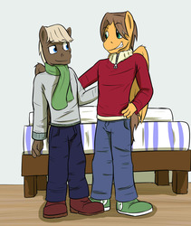 Size: 1280x1515 | Tagged: safe, artist:fuzebox, dumbbell, hoops, anthro, plantigrade anthro, g4, bed, clothes, gay, jeans, male, pants, scarf, shoes