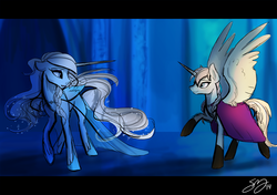 Size: 1280x899 | Tagged: safe, artist:probablyfakeblonde, anna, boots, cloak, clothes, dress, elsa, eye contact, floppy ears, frown, frozen (movie), ponified, see-through, spread wings