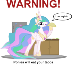 Size: 4920x4377 | Tagged: dead source, safe, artist:jittery-the-dragon, princess celestia, alicorn, pony, g4, absurd resolution, bite mark, cabinet, female, frown, hoof hold, i can explain, kitchen, looking at you, mare, open mouth, pointless pony tips, ponies eating meat, refrigerator, simple background, solo, speech bubble, taco, transparent background, vector, warning