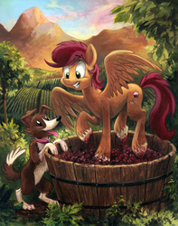 Size: 612x777 | Tagged: safe, artist:kenket, artist:spainfischer, oc, oc only, dog, pegasus, pony, grape stomping, grapes, orchard, scenery, wine, working