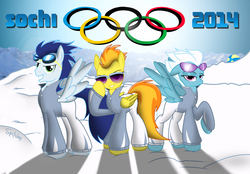 Size: 3200x2227 | Tagged: safe, artist:spitshy, fleetfoot, soarin', spitfire, pegasus, pony, g4, beach ball, clothes, goggles, olympic games, olympic rings, olympic winter games, olympics, sochi 2014, sunglasses, warmup suit, winter olympic games, winter olympics