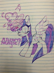 Size: 956x1280 | Tagged: safe, artist:shacklefunk, twilight sparkle, alicorn, pony, g4, female, lined paper, magic, mare, partial color, solo, traditional art, twilight sparkle (alicorn)