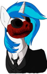 Size: 1107x1738 | Tagged: safe, artist:kotwitz, artist:scratchie, derpibooru exclusive, edit, dj pon-3, vinyl scratch, pony, unicorn, g4, clothes, clown mask, crossover, female, mask, necktie, nightmare fuel, payday, payday the heist, payday: the heist, profile, simple background, solo, suit, transparent background, wolf (payday)