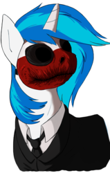 Size: 1107x1738 | Tagged: safe, artist:kotwitz, artist:scratchie, derpibooru exclusive, edit, dj pon-3, vinyl scratch, pony, unicorn, g4, clothes, clown mask, crossover, female, mask, necktie, nightmare fuel, payday, payday 2, payday the heist, payday: the heist, profile, simple background, solo, suit, transparent background, wolf (payday)