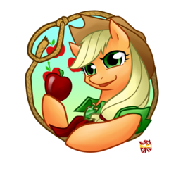 Size: 1000x1000 | Tagged: safe, artist:norang94, applejack, g4, apple, clothes, female, food, frame, portrait, solo