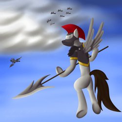 Size: 894x894 | Tagged: safe, artist:xormak, pegasus, pony, armor, cloud, cloudy, flying, gray, sky, spear, weapon