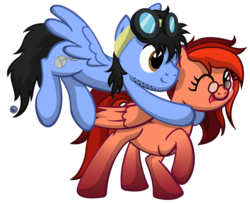 Size: 3646x3000 | Tagged: safe, artist:template93, oc, oc only, oc:lynn, oc:neo miles, pegasus, pony, commission, cute, flying, glasses, goggles, hug, open mouth, raised hoof, simple background, smiling, spread wings, stubble, transparent background, vector, wink