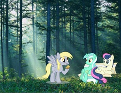 Size: 651x500 | Tagged: safe, bon bon, derpy hooves, lyra heartstrings, sweetie drops, pegasus, pony, g4, female, forest, irl, mare, muffin, photo, ponies in real life, ponies in the forest, tree