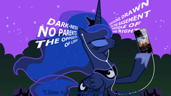 Size: 1580x889 | Tagged: safe, edit, edited screencap, screencap, princess luna, g4, luna eclipsed, batman, earbuds, female, ipod, lego, lyrics, music, solo, song reference, the lego movie